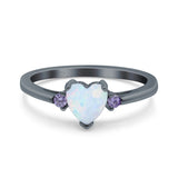 Art Deco Heart Three Stone Wedding Bridal Ring Round Amethyst Simulated Cubic Zirconia 925 Sterling Silver
