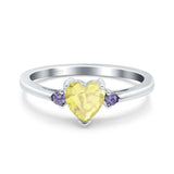 Art Deco Heart Three Stone Wedding Bridal Ring Round Amethyst Simulated Cubic Zirconia 925 Sterling Silver