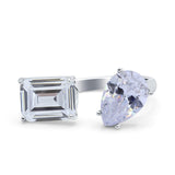 925 Sterling Silver Ring Open Teardrop Pear Emerald Cut CZ Wedding Engagement Bridal Anniversary Cocktail Ring