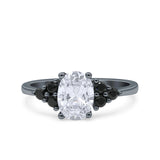Art Deco Oval Wedding Engagement Bridal Ring Black Simulated Cubic Zirconia 925 Sterling Silver