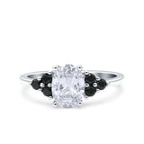 Art Deco Oval Wedding Engagement Bridal Ring Black Simulated Cubic Zirconia 925 Sterling Silver