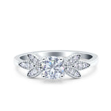Art Deco Wedding Bridal Ring Leaf Dainty Round Simulated Cubic Zirconia 925 Sterling Silver