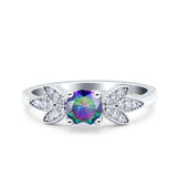 Art Deco Wedding Bridal Ring Leaf Dainty Round Simulated Cubic Zirconia 925 Sterling Silver
