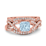 Three Piece Infinity Shank Cushion Cut Art Deco Halo Engagement Ring Round Simulated Cubic Zirconia 925 Sterling Silver