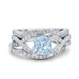 Three Piece Infinity Shank Cushion Cut Art Deco Halo Engagement Ring Round Simulated Cubic Zirconia 925 Sterling Silver