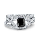 Three Piece Infinity Shank Cushion Cut Art Deco Halo Engagement Ring Round Simulated Cubic Zirconia 925 Sterling Silver