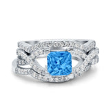 Three Piece Infinity Shank Cushion Cut Art Deco Halo Engagement Ring Round Simulated Cubic Zirconia 925 Sterling Silver