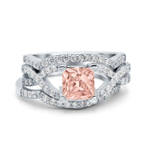 Three Piece Infinity Shank Cushion Cut Art Deco Halo Engagement Ring Round Simulated Cubic Zirconia 925 Sterling Silver