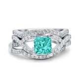 Three Piece Infinity Shank Cushion Cut Art Deco Halo Engagement Ring Round Simulated Cubic Zirconia 925 Sterling Silver