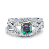 Three Piece Infinity Shank Cushion Cut Art Deco Halo Engagement Ring Round Simulated Cubic Zirconia 925 Sterling Silver