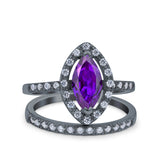 Two Piece Halo Marquise Art Deco Wedding Engagement Bridal Ring Round Simulated Cubic Zirconia 925 Sterling Silver