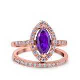 Two Piece Halo Marquise Art Deco Wedding Engagement Bridal Ring Round Simulated Cubic Zirconia 925 Sterling Silver