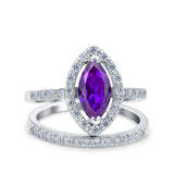 Two Piece Halo Marquise Art Deco Wedding Engagement Bridal Ring Round Simulated Cubic Zirconia 925 Sterling Silver
