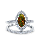 Two Piece Halo Marquise Art Deco Wedding Engagement Bridal Ring Round Simulated Cubic Zirconia 925 Sterling Silver