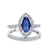 Two Piece Halo Marquise Art Deco Wedding Engagement Bridal Ring Round Simulated Cubic Zirconia 925 Sterling Silver
