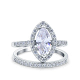 Two Piece Halo Marquise Art Deco Wedding Engagement Bridal Ring Round Simulated Cubic Zirconia 925 Sterling Silver