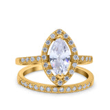Two Piece Halo Marquise Art Deco Wedding Engagement Bridal Ring Round Simulated Cubic Zirconia 925 Sterling Silver