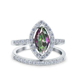 Two Piece Halo Marquise Art Deco Wedding Engagement Bridal Ring Round Simulated Cubic Zirconia 925 Sterling Silver