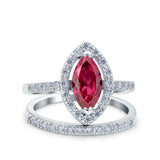 Two Piece Halo Marquise Art Deco Wedding Engagement Bridal Ring Round Simulated Cubic Zirconia 925 Sterling Silver