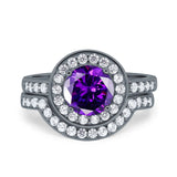 Two Piece Halo Ring Band Bridal Set Round Simulated Cubic Zirconia 925 Sterling Silver