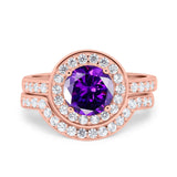Two Piece Halo Ring Band Bridal Set Round Simulated Cubic Zirconia 925 Sterling Silver