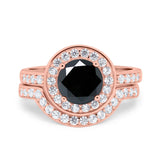 Two Piece Halo Ring Band Bridal Set Round Simulated Cubic Zirconia 925 Sterling Silver