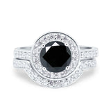 Two Piece Halo Ring Band Bridal Set Round Simulated Cubic Zirconia 925 Sterling Silver