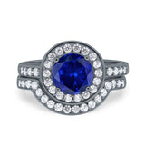 Two Piece Halo Ring Band Bridal Set Round Simulated Cubic Zirconia 925 Sterling Silver