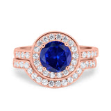 Two Piece Halo Ring Band Bridal Set Round Simulated Cubic Zirconia 925 Sterling Silver