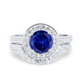 Two Piece Halo Ring Band Bridal Set Round Simulated Cubic Zirconia 925 Sterling Silver