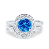 Two Piece Halo Ring Band Bridal Set Round Simulated Cubic Zirconia 925 Sterling Silver