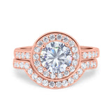 Two Piece Halo Ring Band Bridal Set Round Simulated Cubic Zirconia 925 Sterling Silver