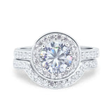 Two Piece Halo Ring Band Bridal Set Round Simulated Cubic Zirconia 925 Sterling Silver