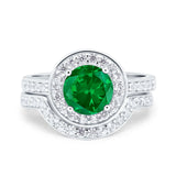 Two Piece Halo Ring Band Bridal Set Round Simulated Cubic Zirconia 925 Sterling Silver