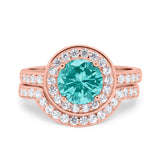 Two Piece Halo Ring Band Bridal Set Round Simulated Cubic Zirconia 925 Sterling Silver
