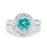Two Piece Halo Ring Band Bridal Set Round Simulated Cubic Zirconia 925 Sterling Silver