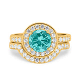Two Piece Halo Ring Band Bridal Set Round Simulated Cubic Zirconia 925 Sterling Silver