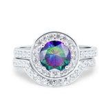 Two Piece Halo Ring Band Bridal Set Round Simulated Cubic Zirconia 925 Sterling Silver