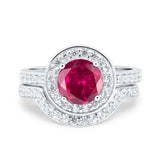 Two Piece Halo Ring Band Bridal Set Round Simulated Cubic Zirconia 925 Sterling Silver
