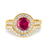 Two Piece Halo Ring Band Bridal Set Round Simulated Cubic Zirconia 925 Sterling Silver