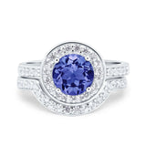 Two Piece Halo Ring Band Bridal Set Round Simulated Cubic Zirconia 925 Sterling Silver