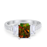 Emerald Cut Engagement Ring Round Simulated Cubic Zirconia 925 Sterling Silver