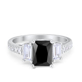 Emerald Cut Engagement Ring Round Simulated Cubic Zirconia 925 Sterling Silver