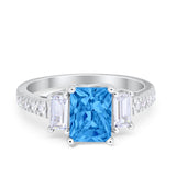 Emerald Cut Engagement Ring Round Simulated Cubic Zirconia 925 Sterling Silver