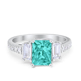 Emerald Cut Engagement Ring Round Simulated Cubic Zirconia 925 Sterling Silver