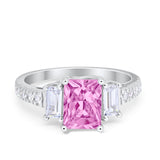Emerald Cut Engagement Ring Round Simulated Cubic Zirconia 925 Sterling Silver