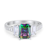 Emerald Cut Engagement Ring Round Simulated Cubic Zirconia 925 Sterling Silver