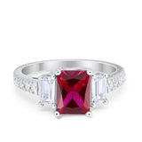 Emerald Cut Engagement Ring Round Simulated Cubic Zirconia 925 Sterling Silver