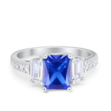 Emerald Cut Engagement Ring Round Simulated Cubic Zirconia 925 Sterling Silver