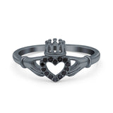 Heart Claddagh Art Deco Wedding Ring Simulated Cubic Zirconia 925 Sterling Silver